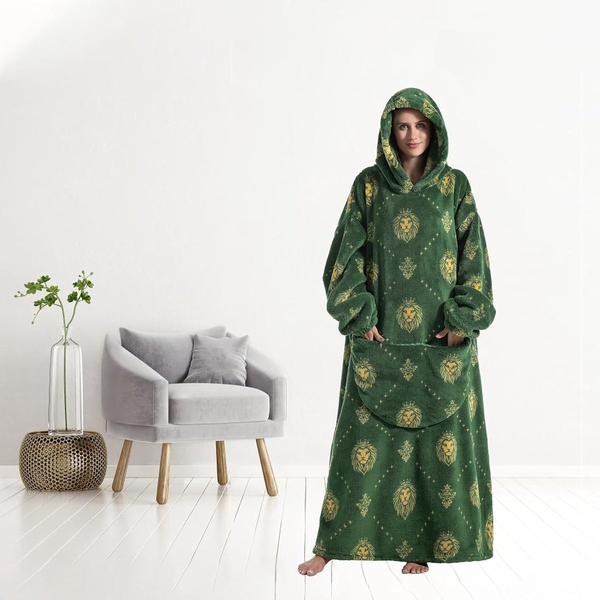SnelShoppen - Wearable Hooded Blanket voor Vrouwen en Volwassenen, Zachte en Warme Deken met Mouwen, Groen Leeuw, Perfect als Cadeau voor Vriendin, Mo