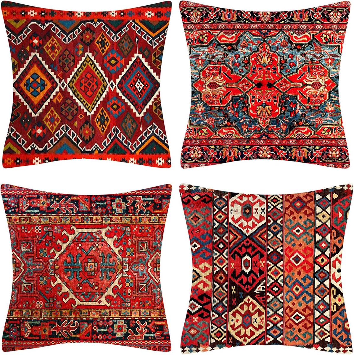 SnelShoppen - Decoratieve Kussenhoezen Set van 4 - 45x45cm Rode Tribale Kussenhoes Kleurvolle Print Bohemian Voor Sofa Woonkamer Slaapkamer