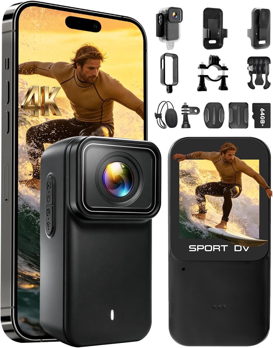 SnelShoppen - Action Cam 4K/2K/1080P met 64 GB SD-kaart, 1,47 inch display, waterdichte bodycam, mini magnetisch voor vlog, ski, dashcam, fiets, POV-c