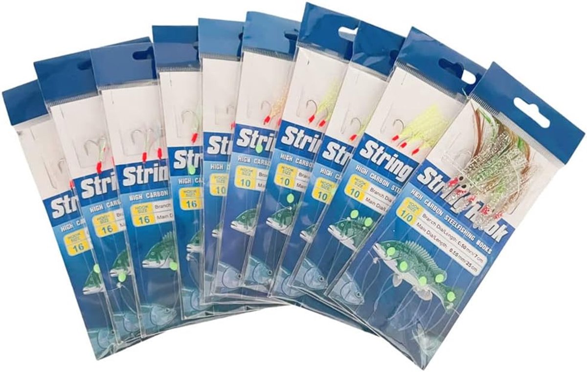 SnelShoppen - Pack van 10 Sabiki Rigs Vislijnen Lures voor Zeevissen - Diverse Haakgroottes - Ideaal voor Sportvisserij en Recreatief Vissen