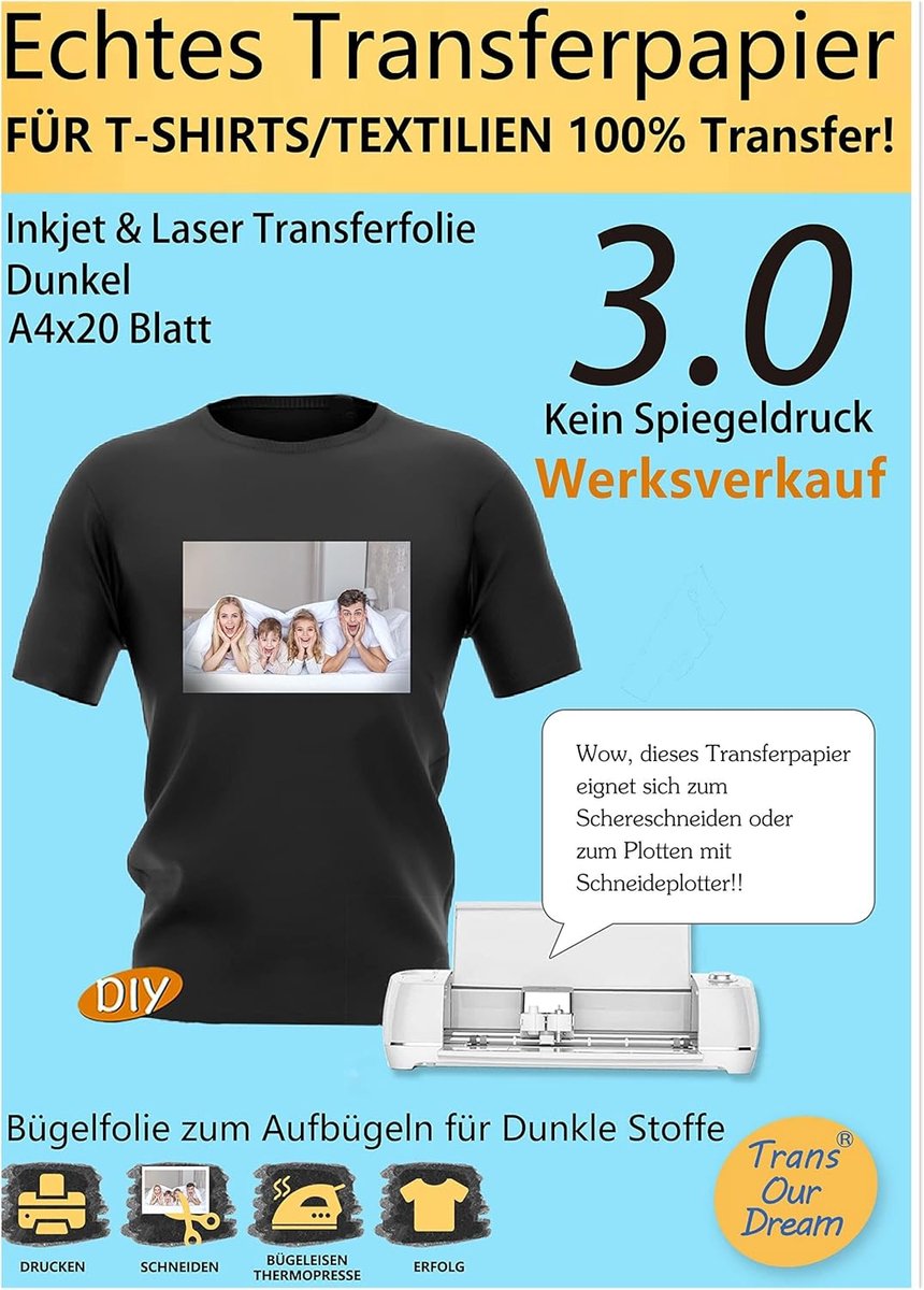 SnelShoppen - 20 vellen A4 transferpapier + 2 vellen siliconenpapier, inkjet/laser transfer film, gemakkelijk te gebruiken, wasbaar, voor creatieve pr