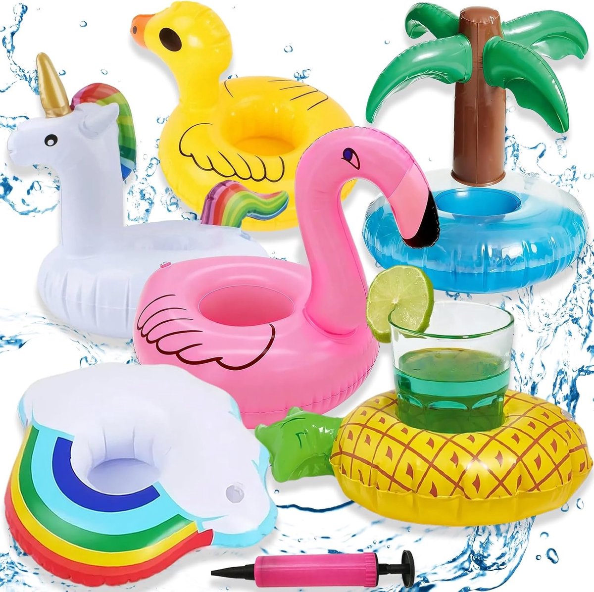 SnelShoppen - 6 Stuks Drankhouders Drijvend Inflatable Pool Cup Holders met Pomp Flamingo Palm Decoratie voor Whirlpool Strandfeest Tuin en Zomer
