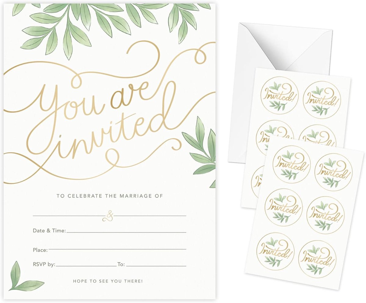 SnelShoppen - 50 Stuks Bruiloft Uitnodiging Kaarten met Enveloppen, Gouden Folie Print en Bladontwerp, 5x7 Inch - Elegante Kaarten voor Huwelijk, Fees