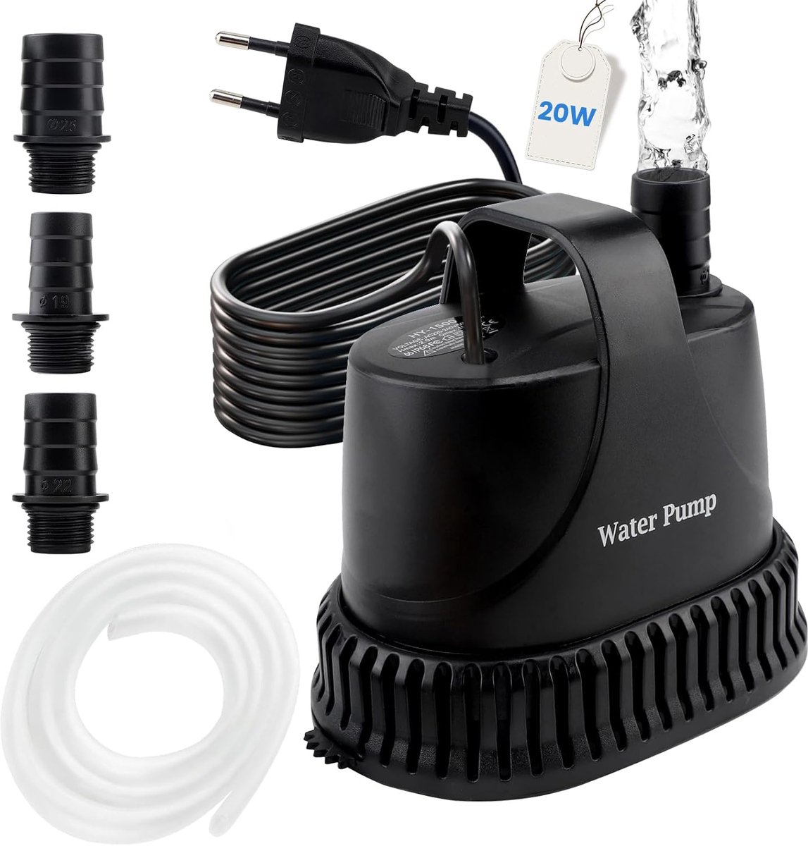 SnelShoppen - Dompelpomp voor Vies Water - 1200 l/h, 20 W, 220 V, Kleine Waterpomp voor Tuin, Vijver, Fontein, Met 2 m Kabel, 1 Slang en 2 Mondstukken