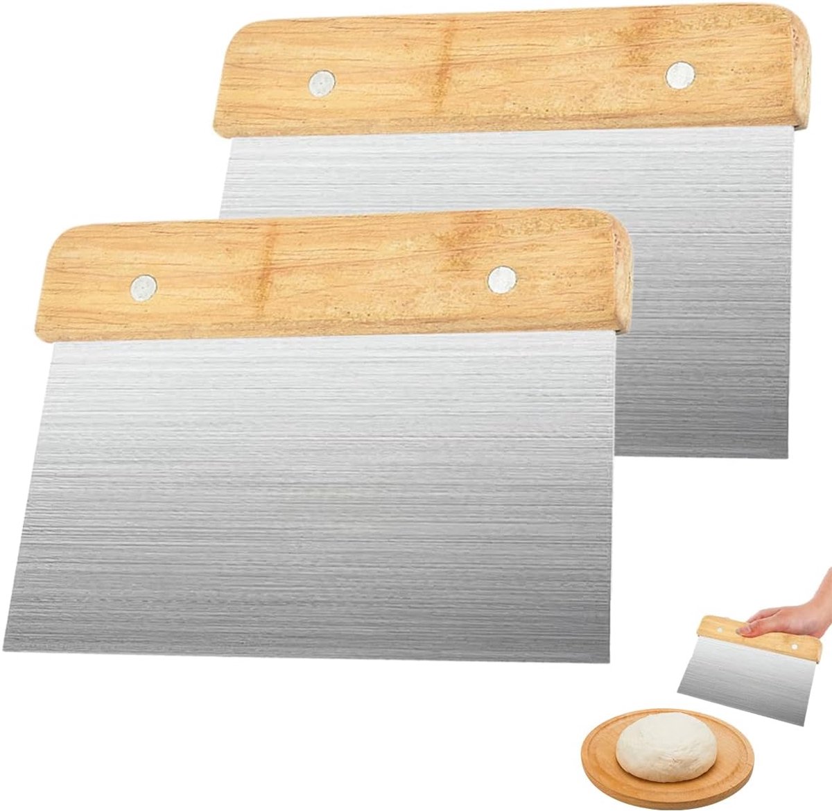 SnelShoppen - 2Pcs RVS Deegschraper met Houten Handgreep 15x11cm - Professionele Deeg Kaart, Keuken Spatel, Bakker Gereedschap voor Pizza, Brood, Taar