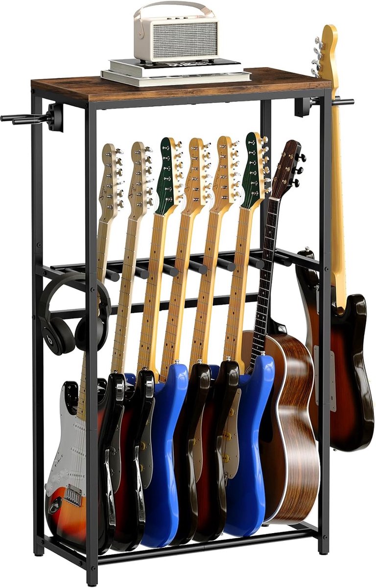 SnelShoppen - Multi-Gitaarstand voor 7 Instrumenten, Standaard voor Akoestische en Elektrische Gitaren, Ukulele en Accessoires, Bruin en Zwart, 62x30x