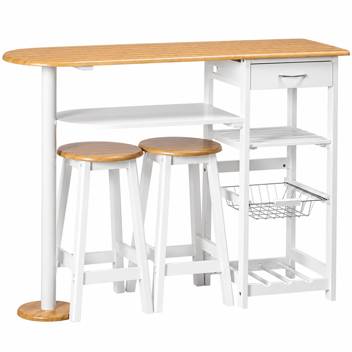 DPLUNIQ Bartafel - Keukenset - Hoge tafel - Keukeneiland - 2 Krukken - Diverse Opbergruimtes - 119x38,5x88,5cm - Wit/ Bamboe Hout