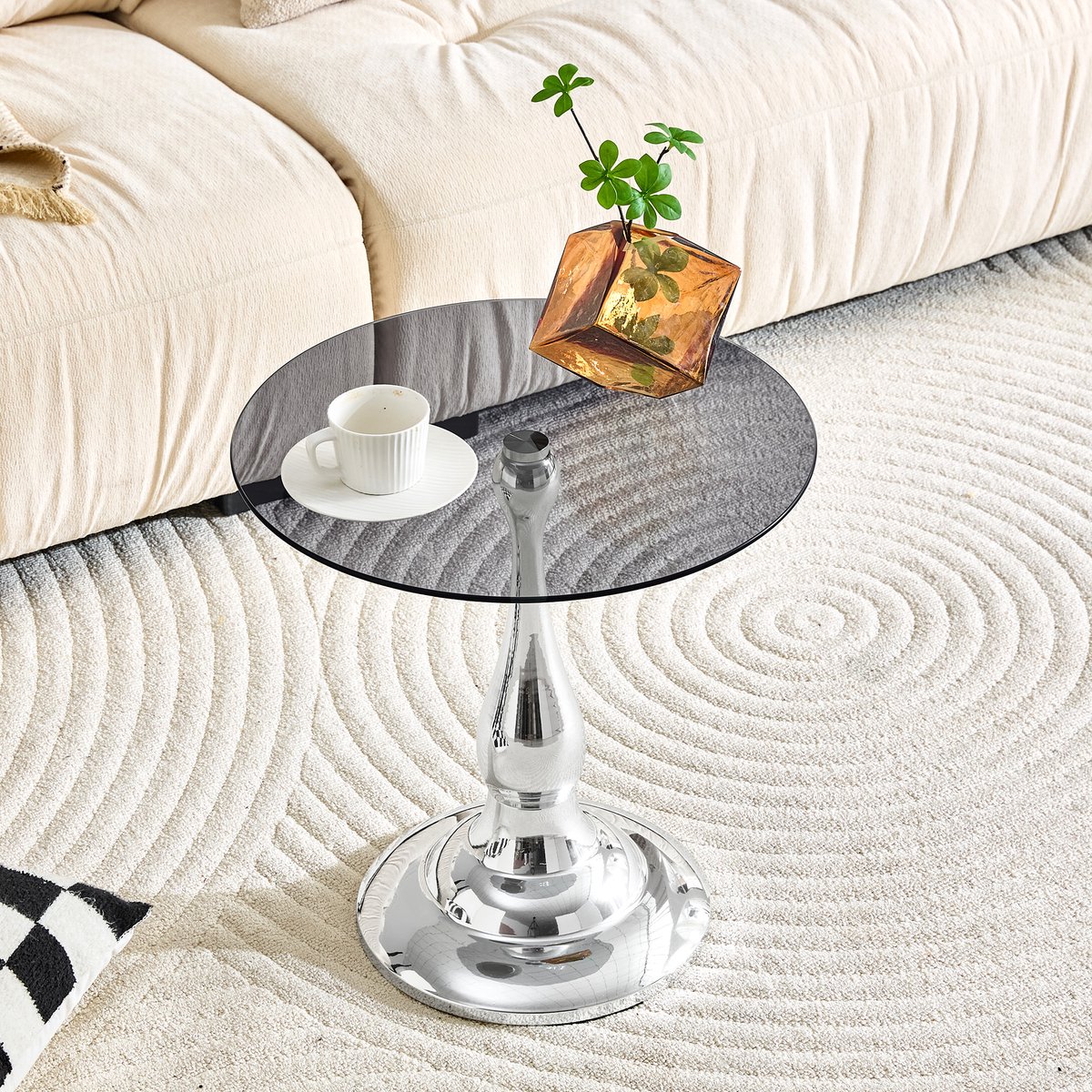 OKWISH Bijzettafel - Ronde Glazen Tafel Met Geharde Glasplaat - Voor Woonkamer En Slaapkamer - Metaal Zilver - 50 x 50 x 51,5 cm