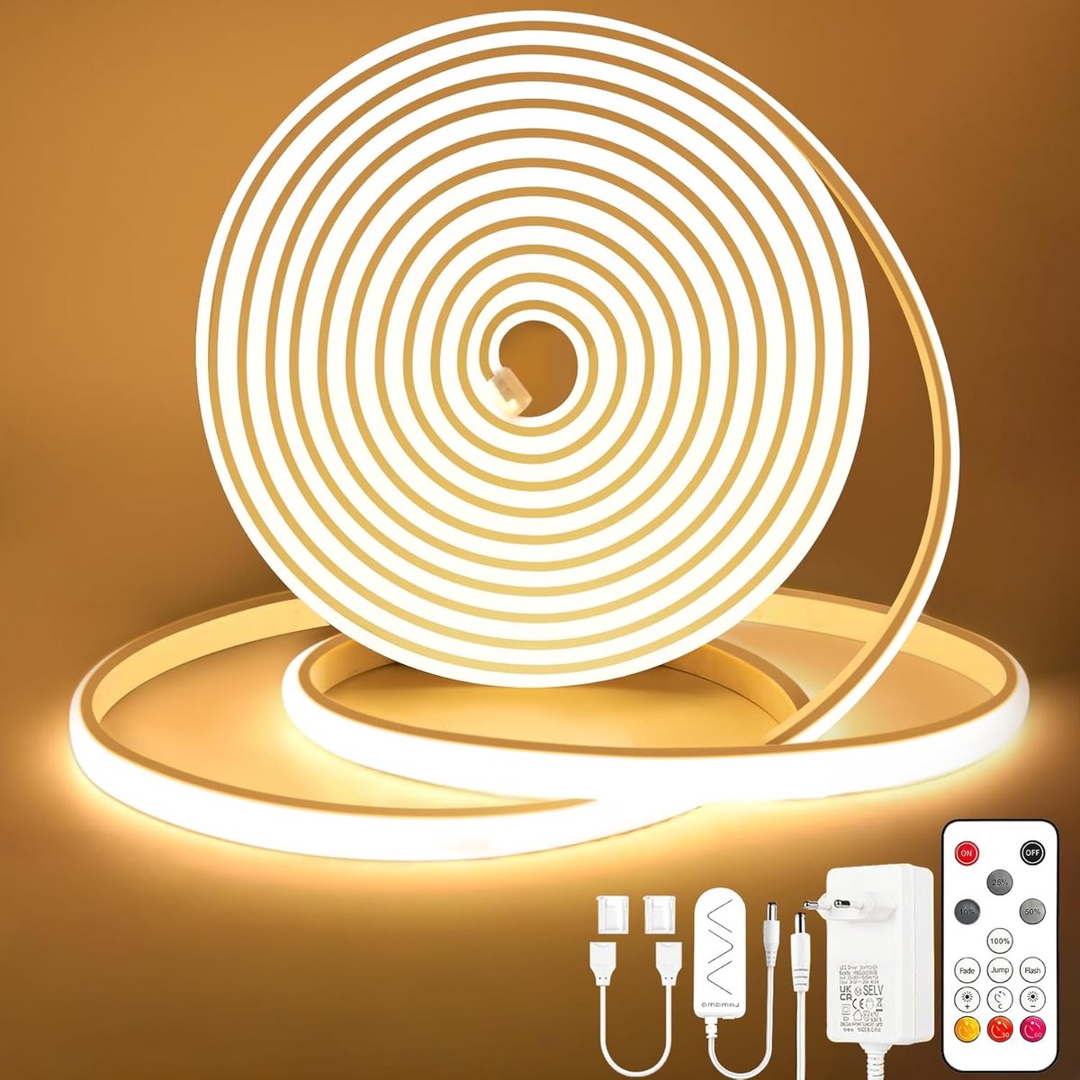 SnelShoppen - Dimmable 10m Warm White COB LED Strip Waterproof 3000K met Remote Control - Flexibele Neon LED Strip voor Keuken, Slaapkamer en Buiten D
