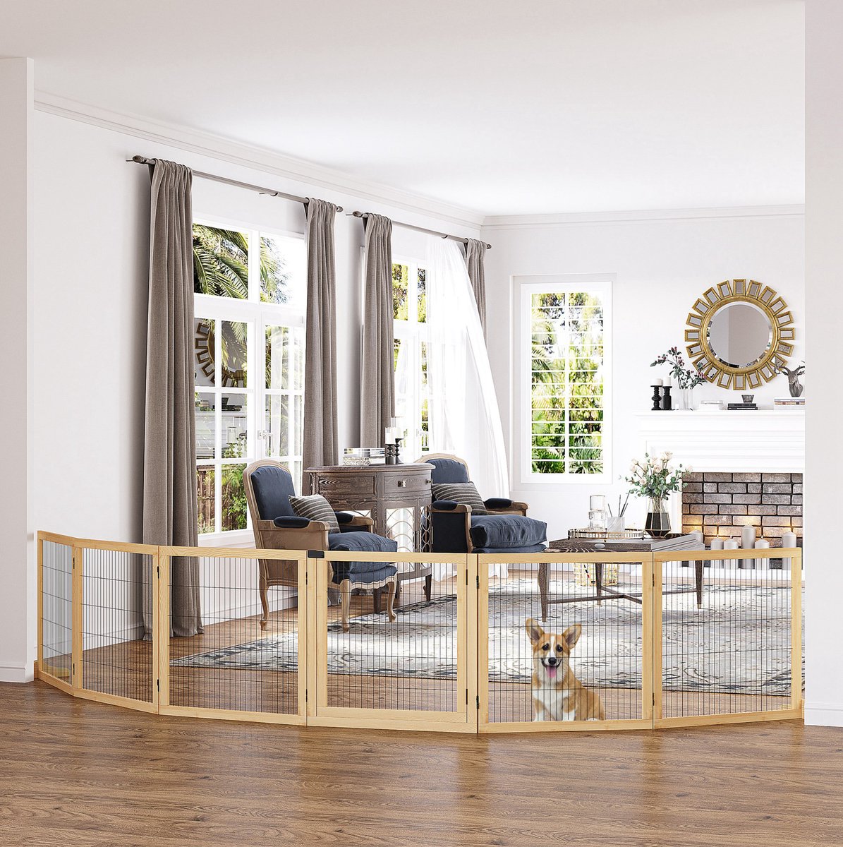 MODENUIT Hondenhek – Opvouwbaar – 432 x 36 x 70 cm – Grenenhout en Metaal – Naturel – Met Voetsteunen