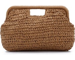 SnelShoppen - EVEOUT Stro Clutch voor Dames - Boho Raffia Strandtas - Woven Tote Handtas - Bruin - 39x28x23cm - Perfect voor Vakantie, Bruiloft, Feest