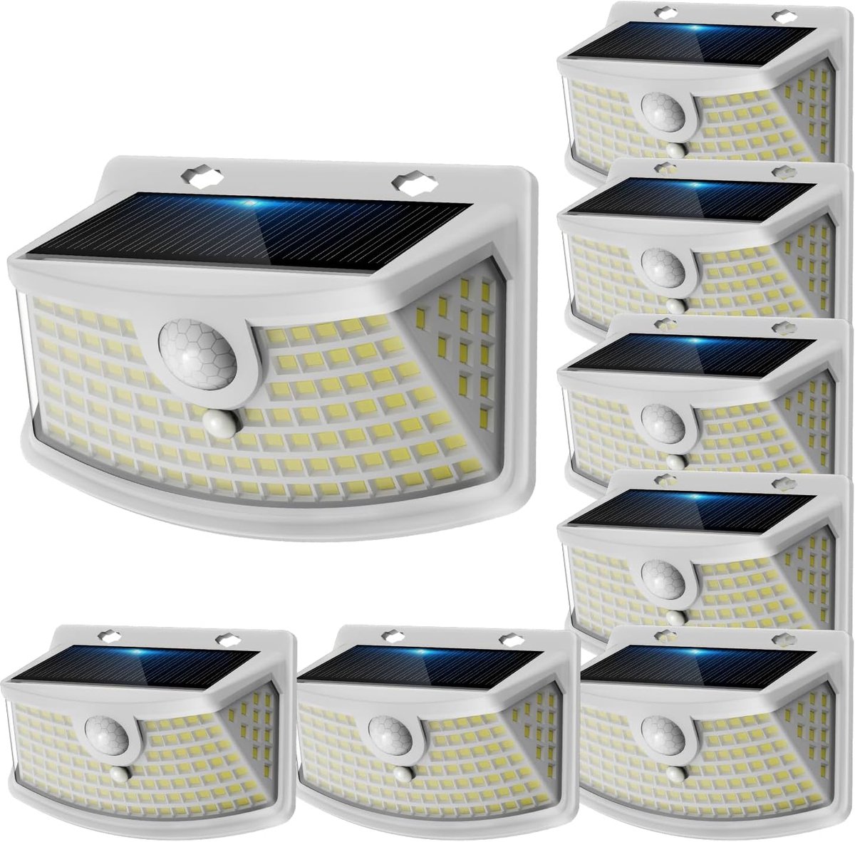 SnelShoppen - Solar Tuinlampen Buiten met Beweging Sensor - 120 LED, 270° Hoek, IP65 Waterdicht, 8 Stuks voor Tuin, Witte Behuizing, Koud Wit