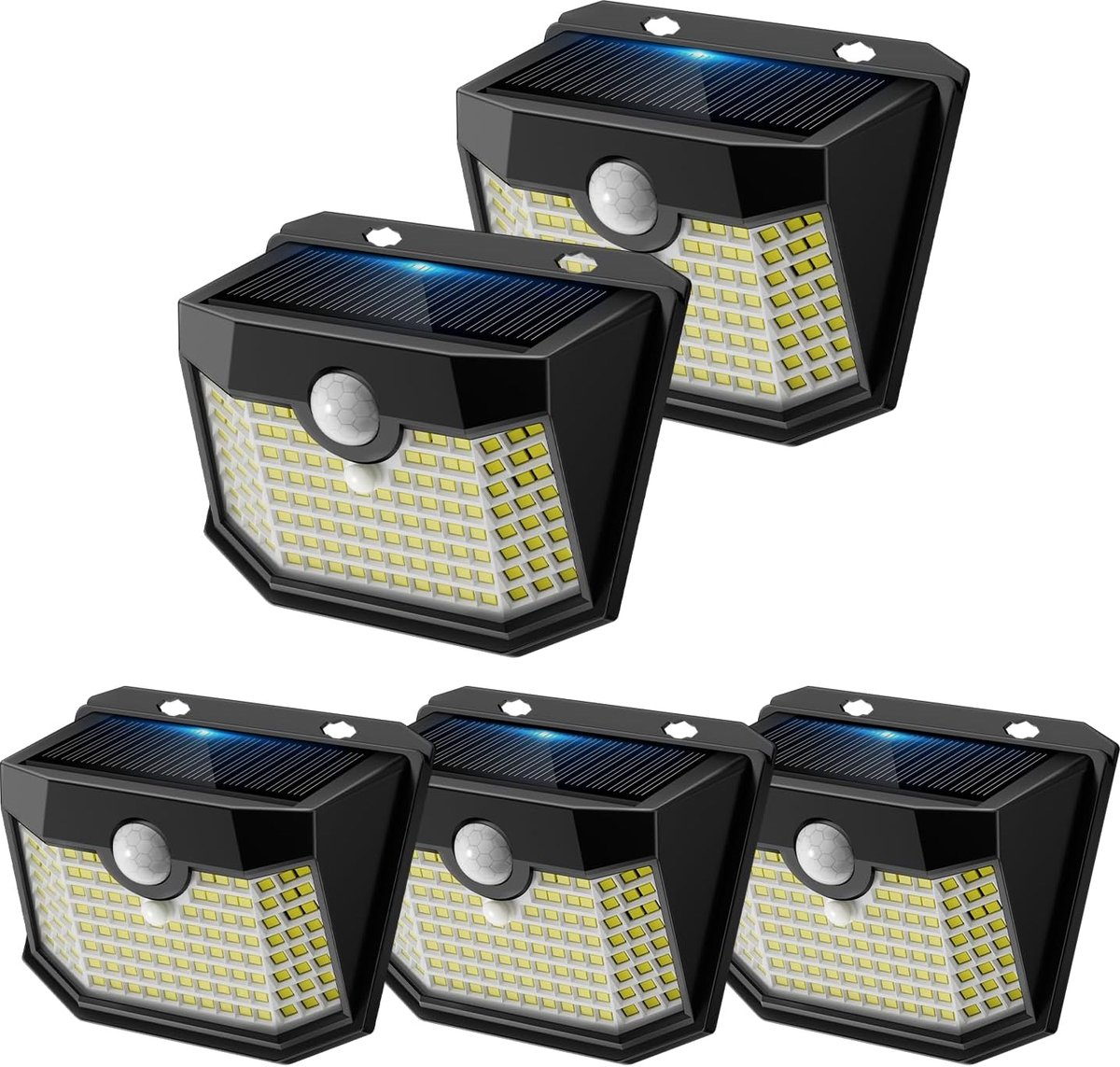 SnelShoppen - Solarlampen Buiten met Sensor, 120LEDs, IP65 Waterdicht, 3 Verlichtingsstanden, Tuinverlichting Draadloos, 5 Stuks, Zwart, Koud Wit Lich