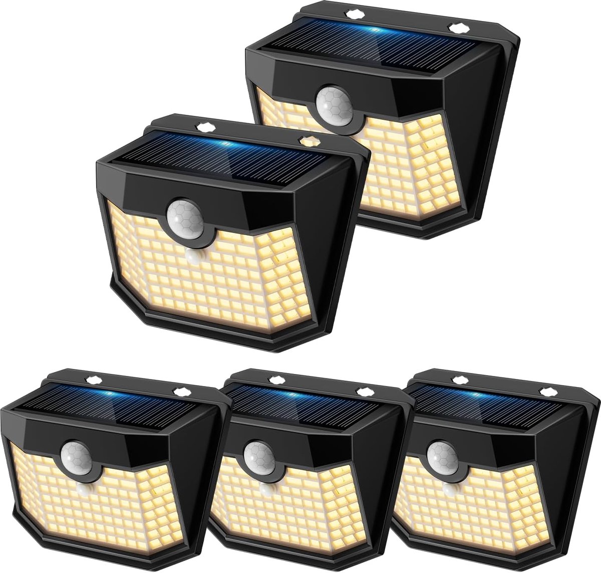 SnelShoppen - Solarlampen Buiten met Sensor, 120LEDs, IP65 Waterdicht, 3 Verlichtingsstanden, Draadloos, 5 Stuks, Zwart, Tuinverlichting met Bewegings