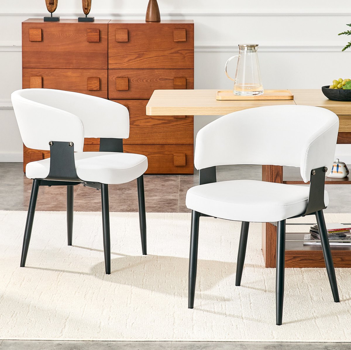 MEUNIQ eetkamerstoel set van 2 kuipstoelen met armleuningen, kunstleren zitting, retro mid-century stijl, zwart metalen onderstel, wit/zwart White+Black