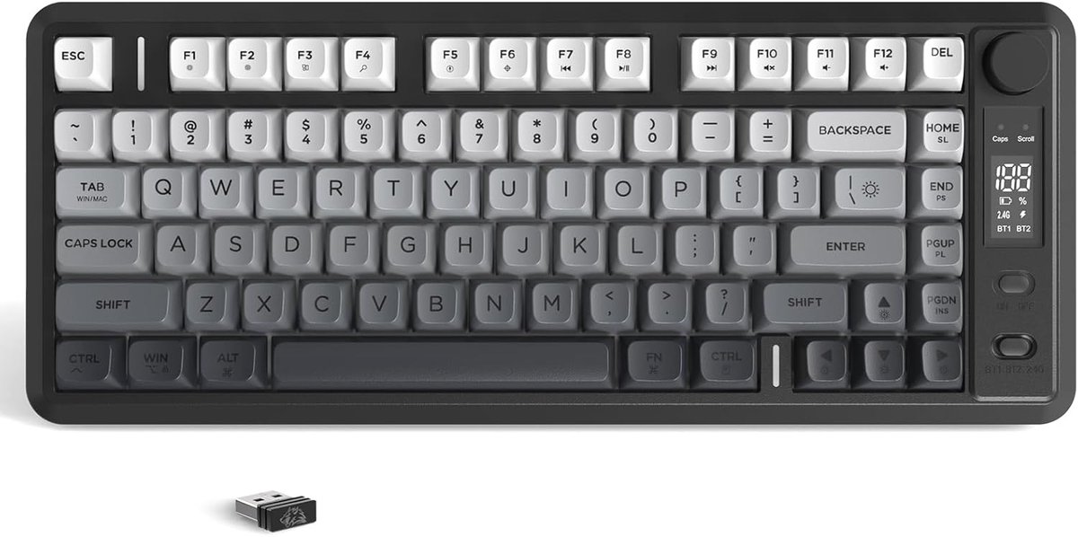 SnelShoppen - Draadloos Gaming Toetsenbord met Slim Display, BT/2.4GHz Verbinding, PBT Toetsen, Regenboog Achtergrondverlichting, TKL 82 Toetsen (Zwar