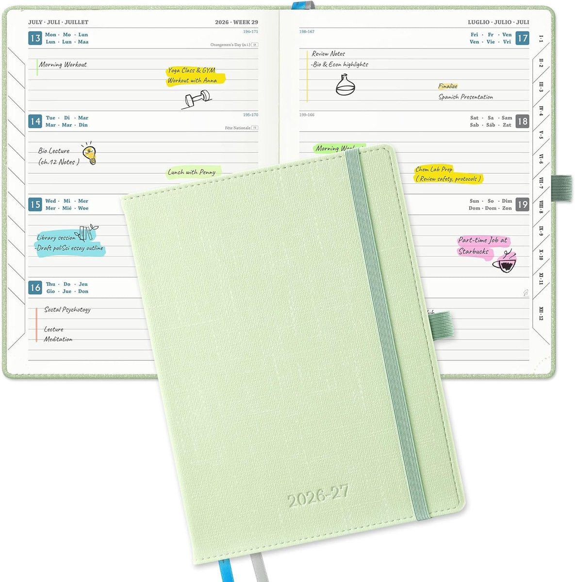 SnelShoppen - Agenda 2026 2027 Weekagenda A5 Boekagenda 18 Maanden Horizontale Weekplanner Groen PU-Leren Kaft 21,9 x 16,2cm Luxe Schoolagenda