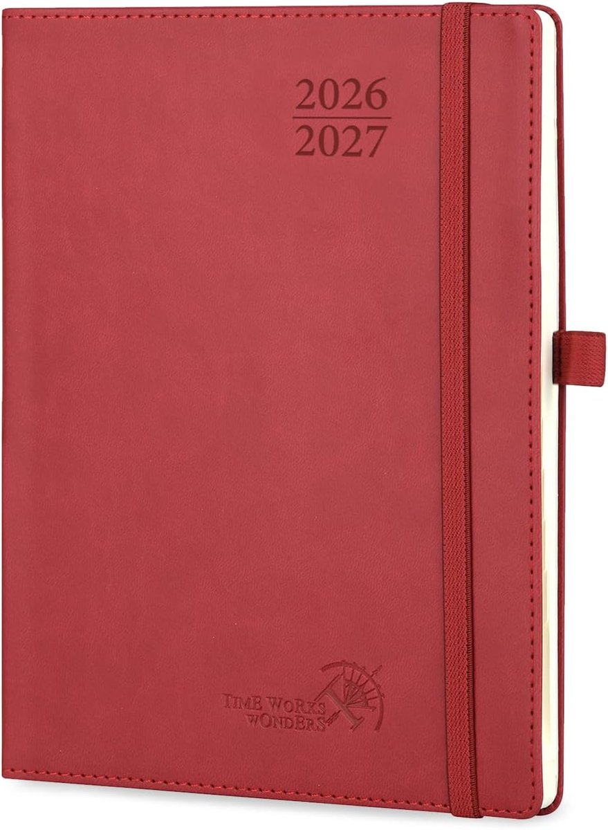 SnelShoppen - Agenda 2026 2027 Weekplanner Vertical 22 x 16.5 cm met Soft PU Leer, 17 Maanden, Burgandy Rood, 30 Minuten Intervallen, School & Werk
