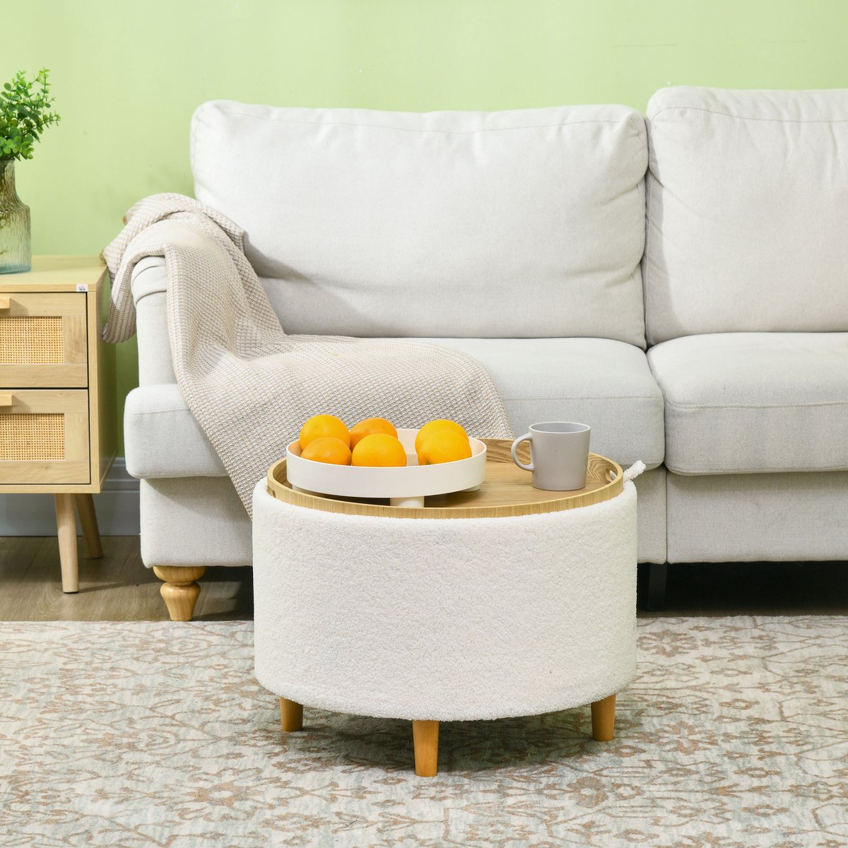 Poef Met Opbergruimte - Rond Ø56 x 42 cm - Polyester en Hout - Wit - Met Klapdeksel Voor Woonkamer, Slaapkamer of Hal