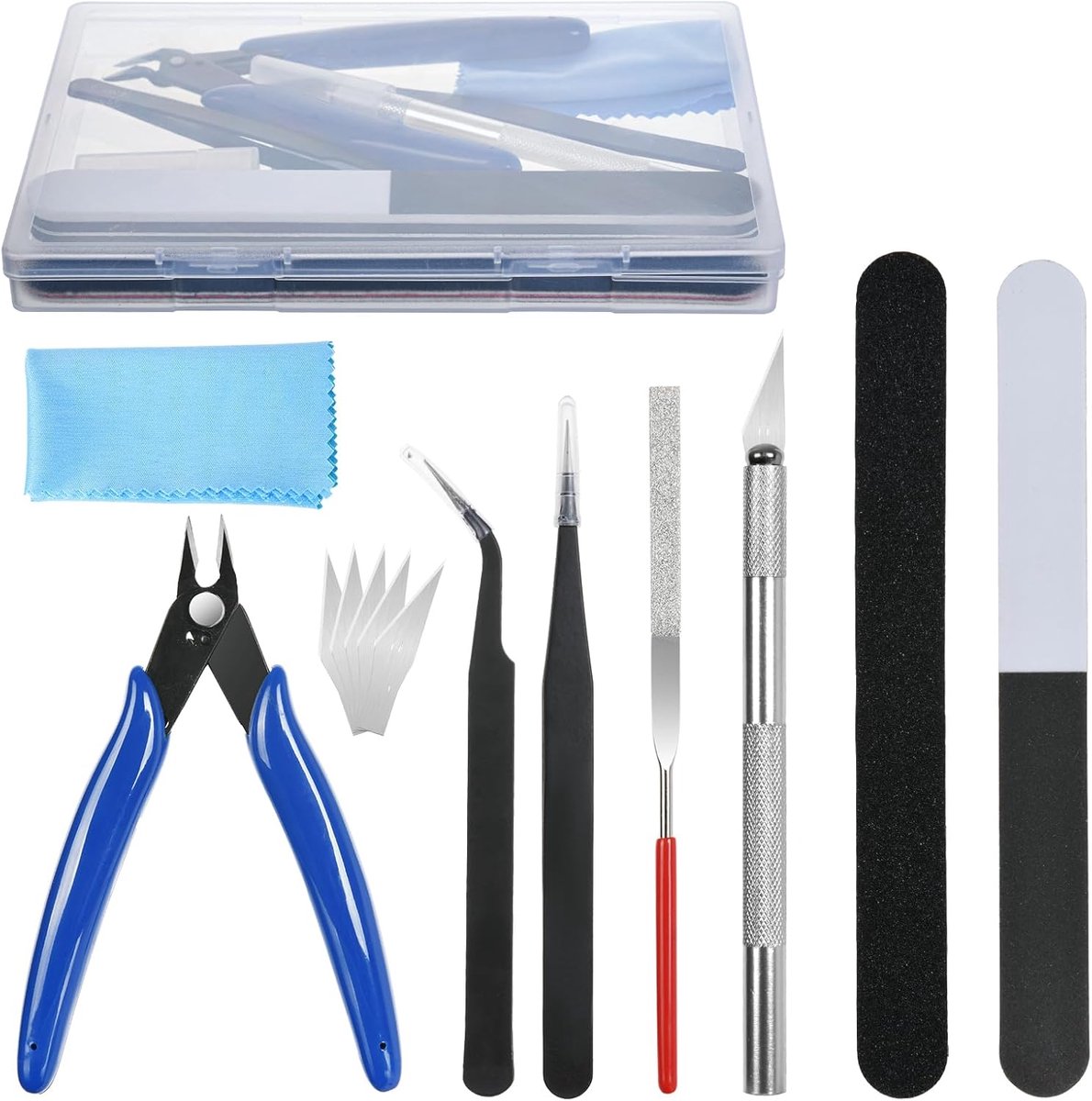 SnelShoppen - 14-delige Modelbouw Gereedschap Set, DIY Bouwset voor Miniatuur Modellen, Lichtgewicht en Draagbaar, Inclusief Tweezers, Zijkniptang, Po
