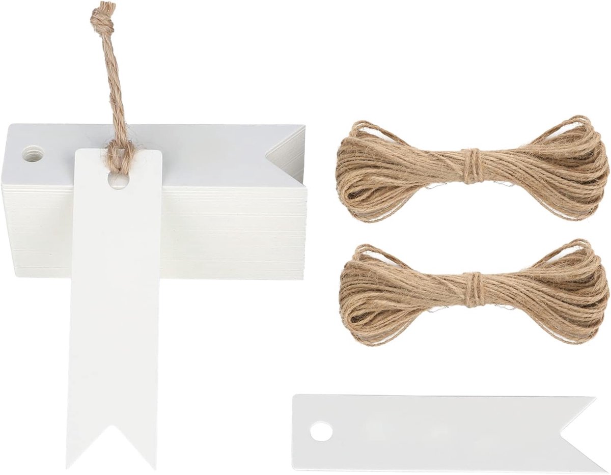 SnelShoppen - 100 Stuks Kraftpapier Labels 7cm x 2cm met Jute Touw 30m - Handgemaakte Cadeau Labels voor Feest, Hobby, Scrapbooking, Decoratie, Huweli