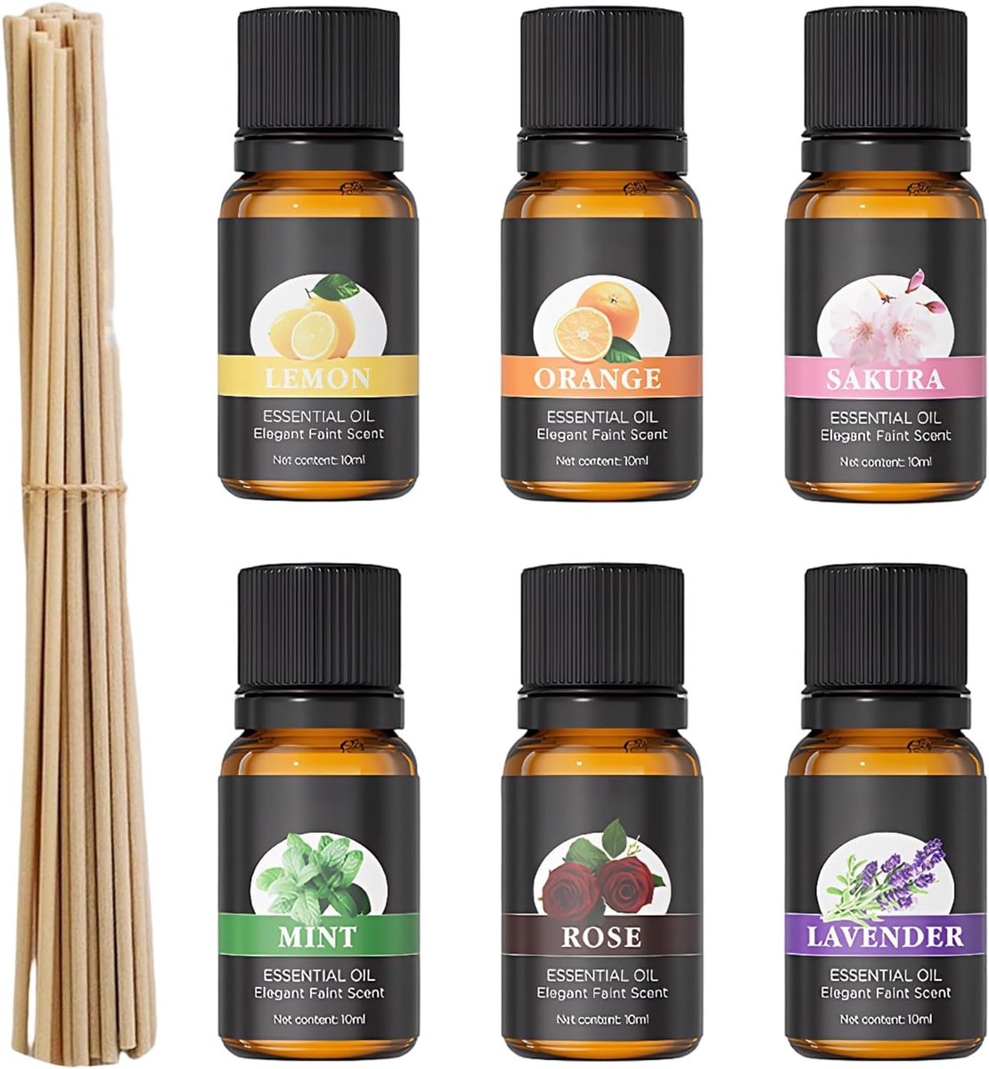 SnelShoppen - 6 stuks 10 ml Etherische Oliën Set - Pure Natuurlijke Aroma-Diffuser Oliën voor Ontspanning en Slaap - Citroen, Sinaasappel, Kersenbloes