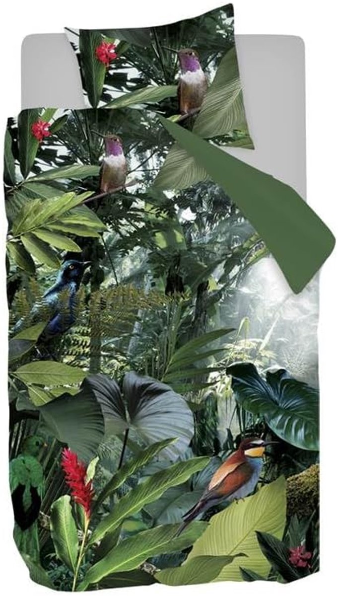 SnelShoppen - Duvet Cover Single 140x200/220cm - Snoozing Tropical Birds - Flannel - 100% Katoen - Groene Bedlinnen met Kussensloop 60x70cm - Perfect