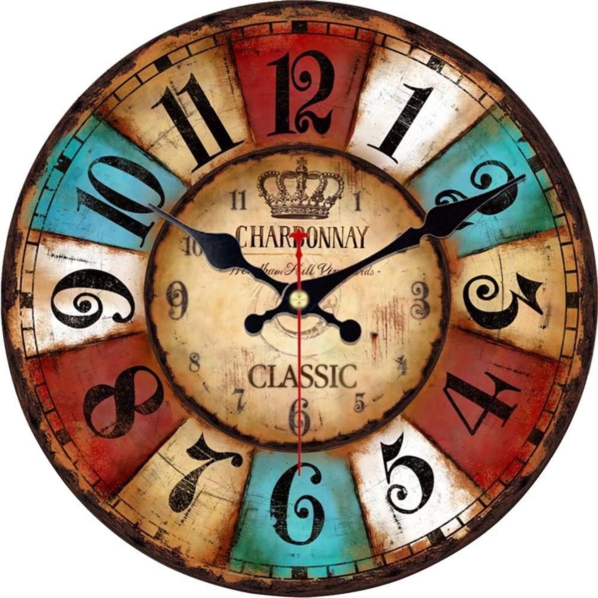 SnelShoppen - Vintage Houten Wandklok 34CM - Stille Quartz Klok met Gekleurde Arabische Cijfers - Perfect voor Keuken, Woonkamer, Kantoor, Café en Mee