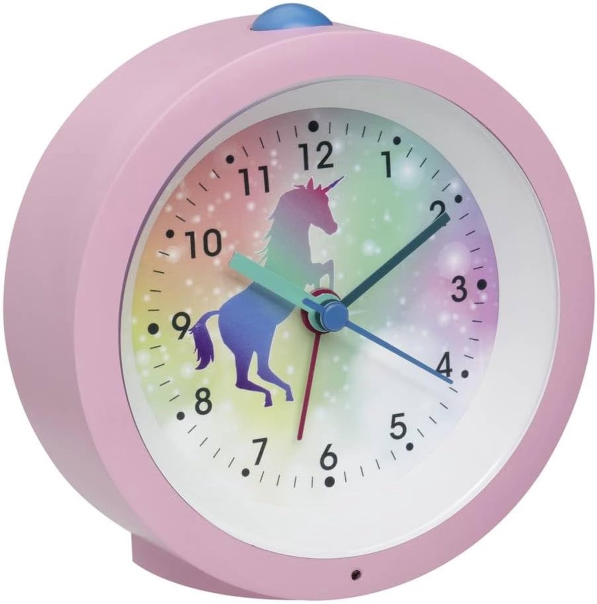SnelShoppen - Analoge Kinderwekker Unicorn, Stille Sweep Beweging, Nachtlampje, Snooze Functie, Roze en Regenboog, 105x41x105mm