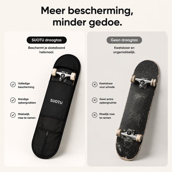 Vergelijking van een skateboard in SUOTU draagtas met een beschadigd skateboard zonder tas. De SUOTU tas beschermt.
