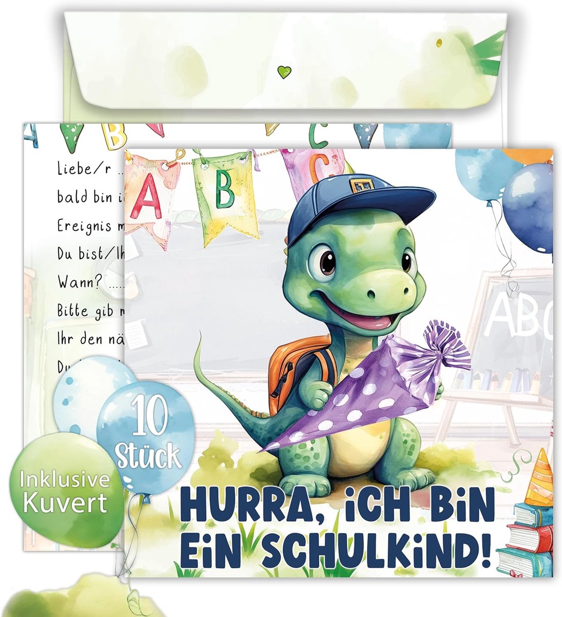 SnelShoppen - Set van 10 uitnodigingskaarten met enveloppen, schattig dino ontwerp, uitnodigingen voor jongens en meisjes, eerste schooldag, kleuren,