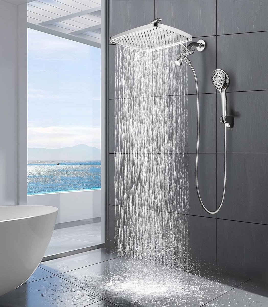 SnelShoppen - Hoofddouche 30 cm, Regendouche Hogedruk Waterbesparend, 360° Verstelbare Chroom Watervaldouchekop, Rechthoekig voor Luxe Badkamerervarin