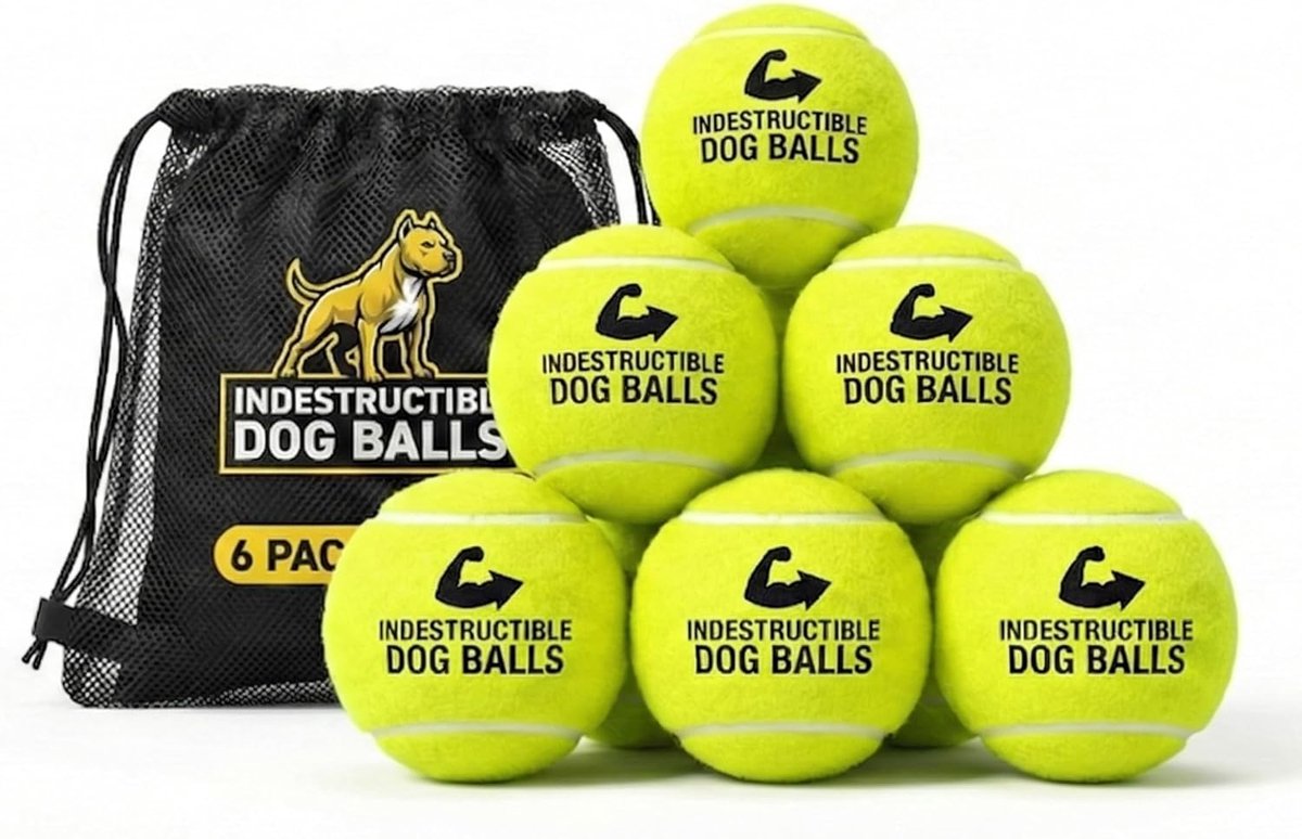 SnelShoppen - Big Game Hunters Indestructible Dog Tennis Ball - 6-Pack Geel - Extra Sterk voor Zware Kauwers - Ideaal voor Grote Honden en Puppy’s - D