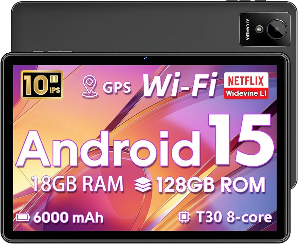 SnelShoppen - 10 inch Android 15 Tablet met 18GB RAM, 128GB ROM, 1TB Uitbreidbaar, Octa-Core, Dual Camera, 6000mAh, 2.4G+5G WiFi, GPS, Widevine L1