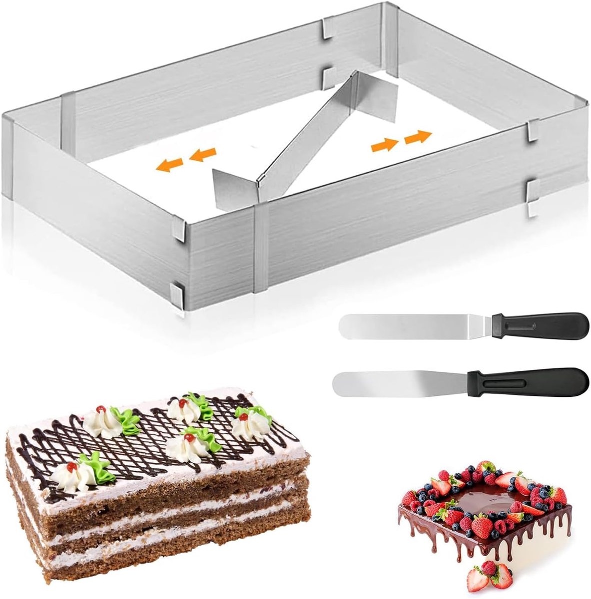 SnelShoppen - Verstelbaar rechthoekig bakframe met verdeler en taartring voor taarten, cakes, pizza en feestdecoratie - Ideaal voor keuken en bakplaat
