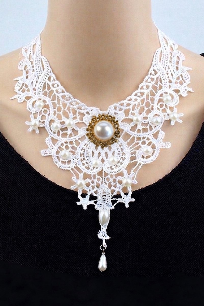 KIMU® Ketting Kant Wit Goud Steen - Steampunk Lolita Witte Kanten Collar Roaring Twenties Blinders Vintage Lace Great Gatsby Charleston Brocante Jugendstil Art Deco Victoriaans Choker Sexy Antieke Festival