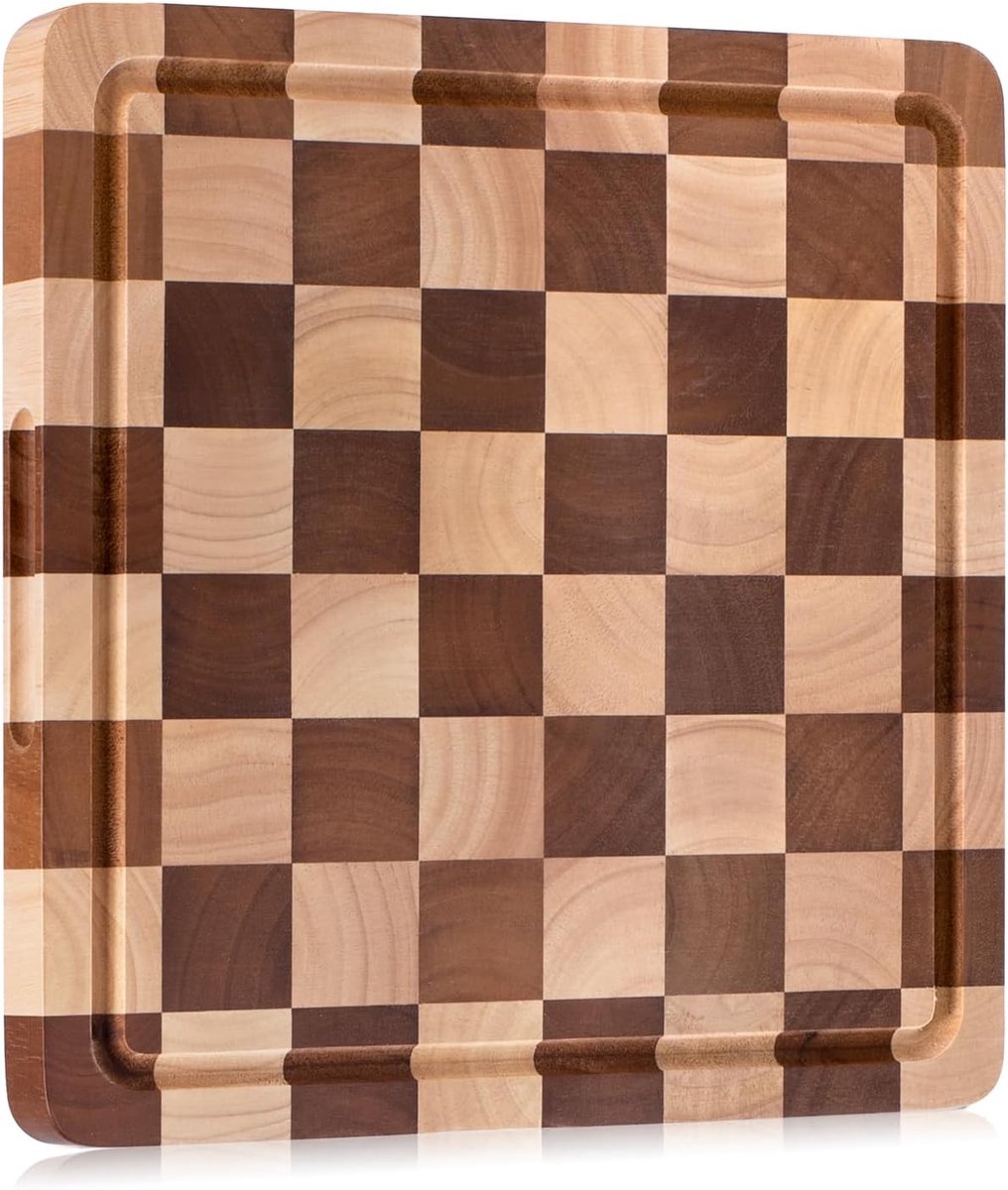 SnelShoppen - Vierkante Snijplank 30x30 cm - Houten Snijplank met Sapgroeven en Handgrepen - Duurzaam Rubberhout voor Vlees, Groenten en Kaas - Compac