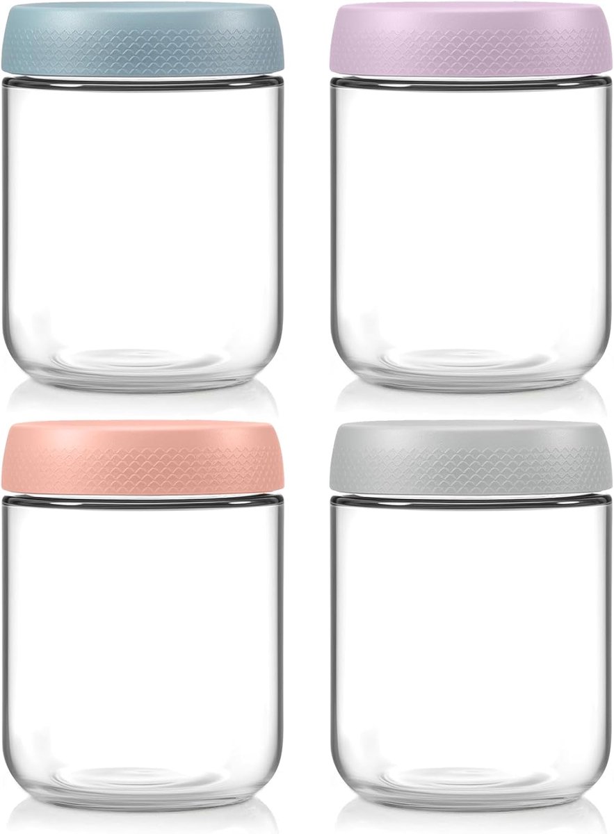 SnelShoppen - 4 Pack Overnight Oatmeal Jars 480ml - Glazen Canning Jars met Draaideksel - Leak-Proof Meal Prep Boxen voor Salade, Cereal, Snacks, Pudd
