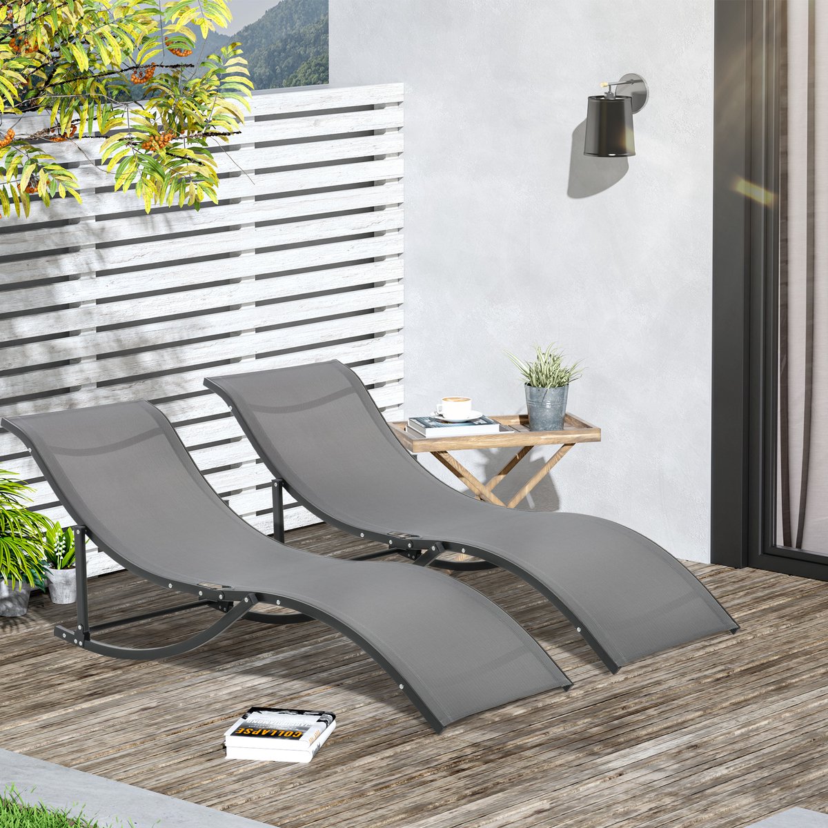 FloraGrace Ligbed – Set Van 2 S-Vormige Relaxligbedden 165 x 61 x 63 cm – Inklapbaar Voor Tuin Of Zwembad – Aluminium – Donkergrijs