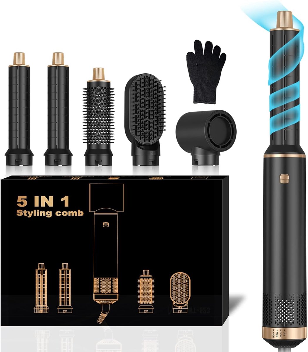 Thijox - UKLISS Hairstyler 5-in-1 Airbrush Haarstyler | Pro Air Styler Set - 1000 W Ronde Borstelföhn voor Drogen en Stylen met Air Curler, Heteluchtb