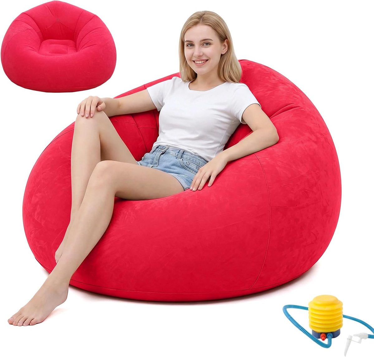 Thijox - Opblaasbare Stoel Zitzak - Waterdichte Luchtbank met Pomp - Draagbaar voor Camping, Strand, Zwembad - Rood - 105x105x60 cm - Comfortabele Ban