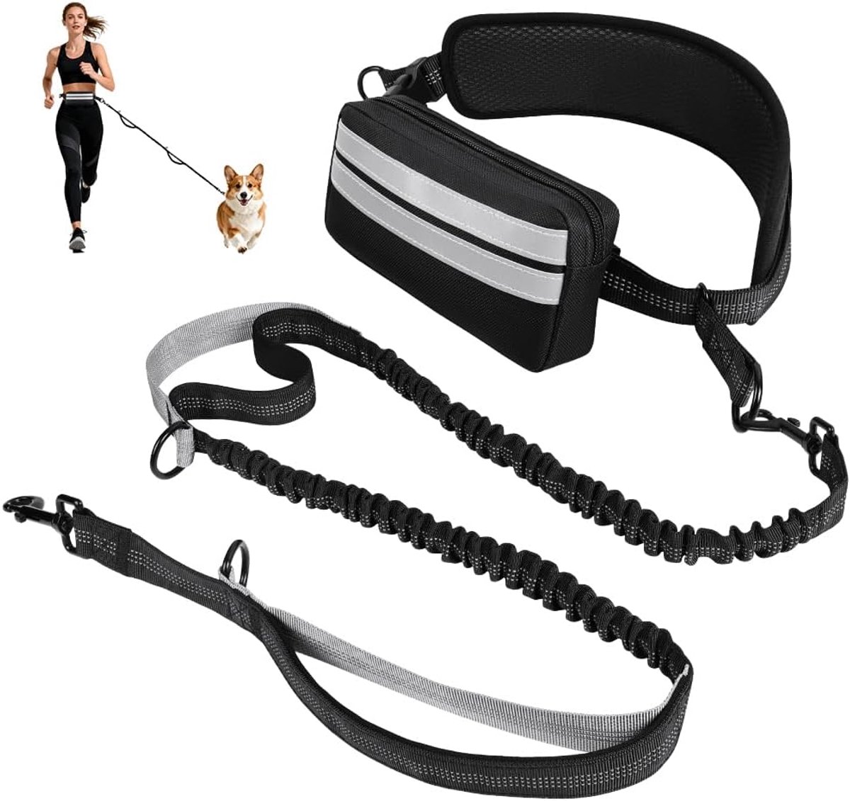 SnelShoppen - Jogging Hondenriem met Heupriem, Handsfree Looplijn voor Honden, Dubbele Handvatten met Leash Pocket, Geschikt voor Kleine en Middelgrot
