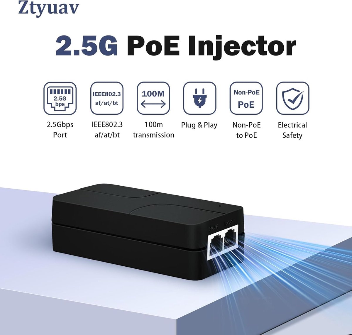 Thijox - PoE+ injector 2,5 G 30 W non-PoE naar PoE-adapter met 2 RJ-45 poorten, 100/1000/2500 Mbps, IEEE 802.3af/at compliant, plug & play, ideaal voo