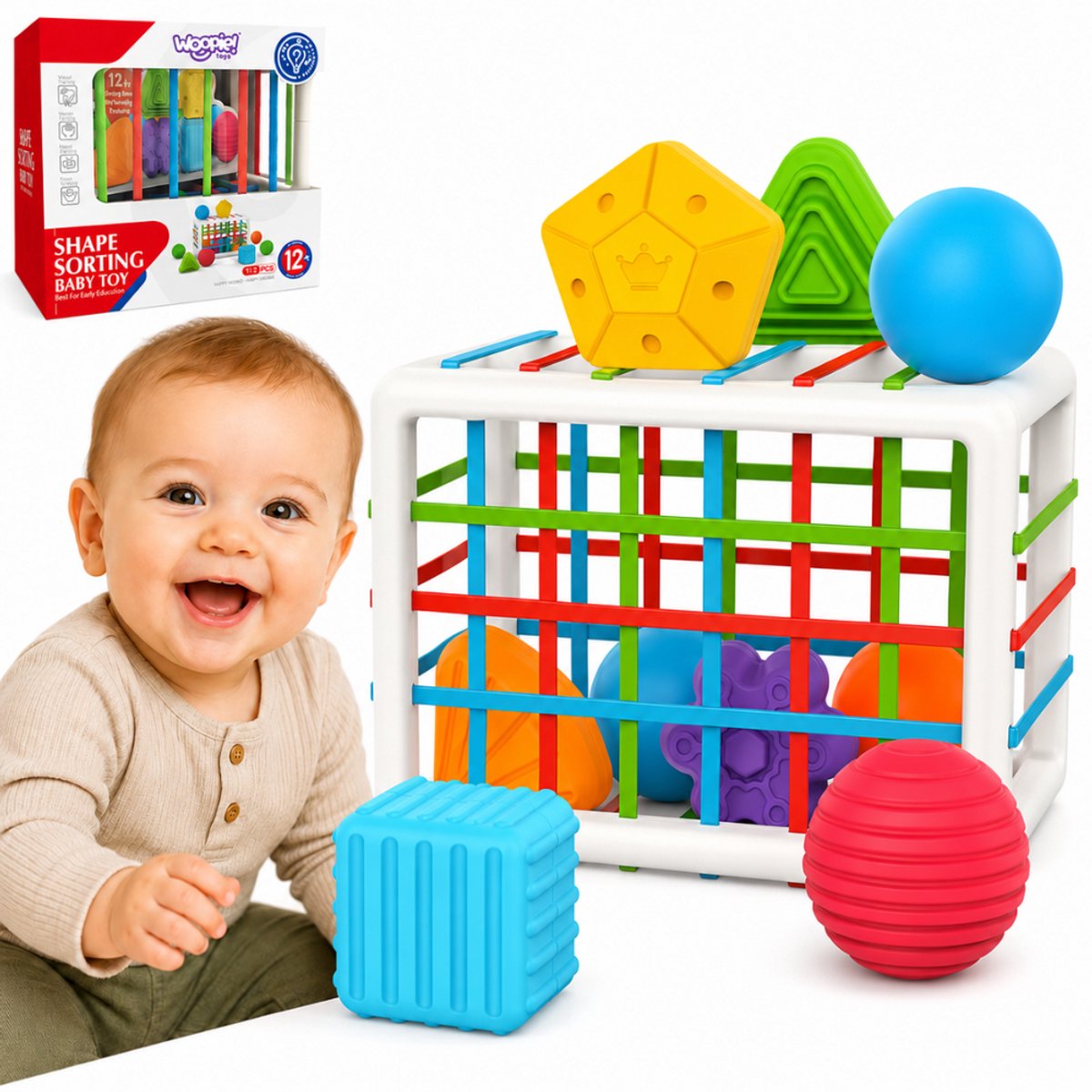 Woopie Baby Flexibele sensorische kubussorteerder voor kinderen Kleurrijke vormen 13 stuks. - UNI