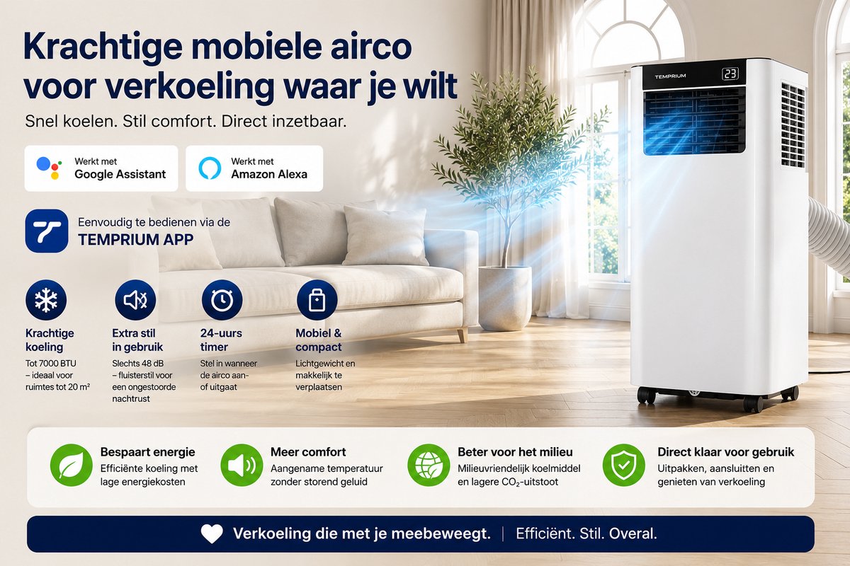 Temprium mobiele airco 7000 BTU SMART - Met afvoerslang - Draagbare Airco met App Bediening – 3 in 1 Koelen, Ventileren & Ontvochtigen – Airco Voor Slaapkamer en Woonkamer – Inclusief Raamkit — afbeelding 11
