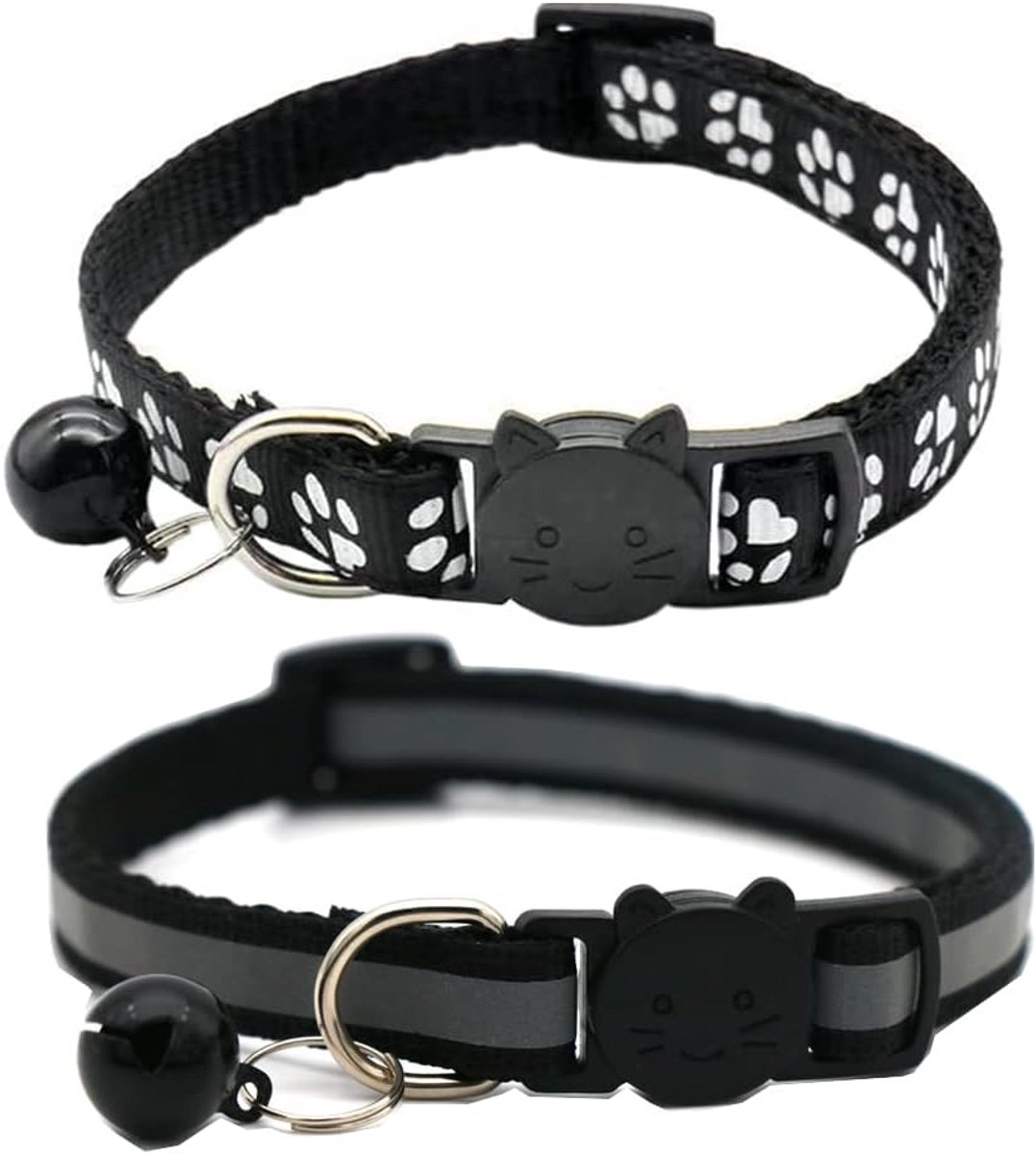 SnelShoppen - Set van 2 Reflecterende Kattenhalsbanden met Snelsluiting en Bel - Zwart Nylon - Pootprint en Reflecterende Strepen - Verstelbaar van 19
