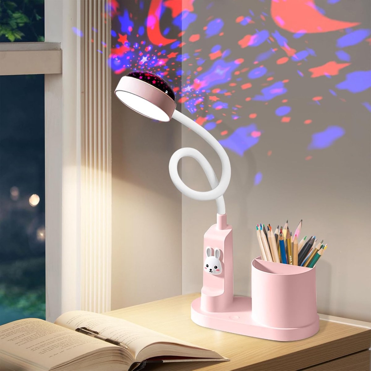 SnelShoppen - Leikurvo Bureaulamp voor Kinderen LED Dimbare Nachttafellamp met Penhouder 360° Verstelbare Zwanenhals Studielamp Sterprojectie Roze