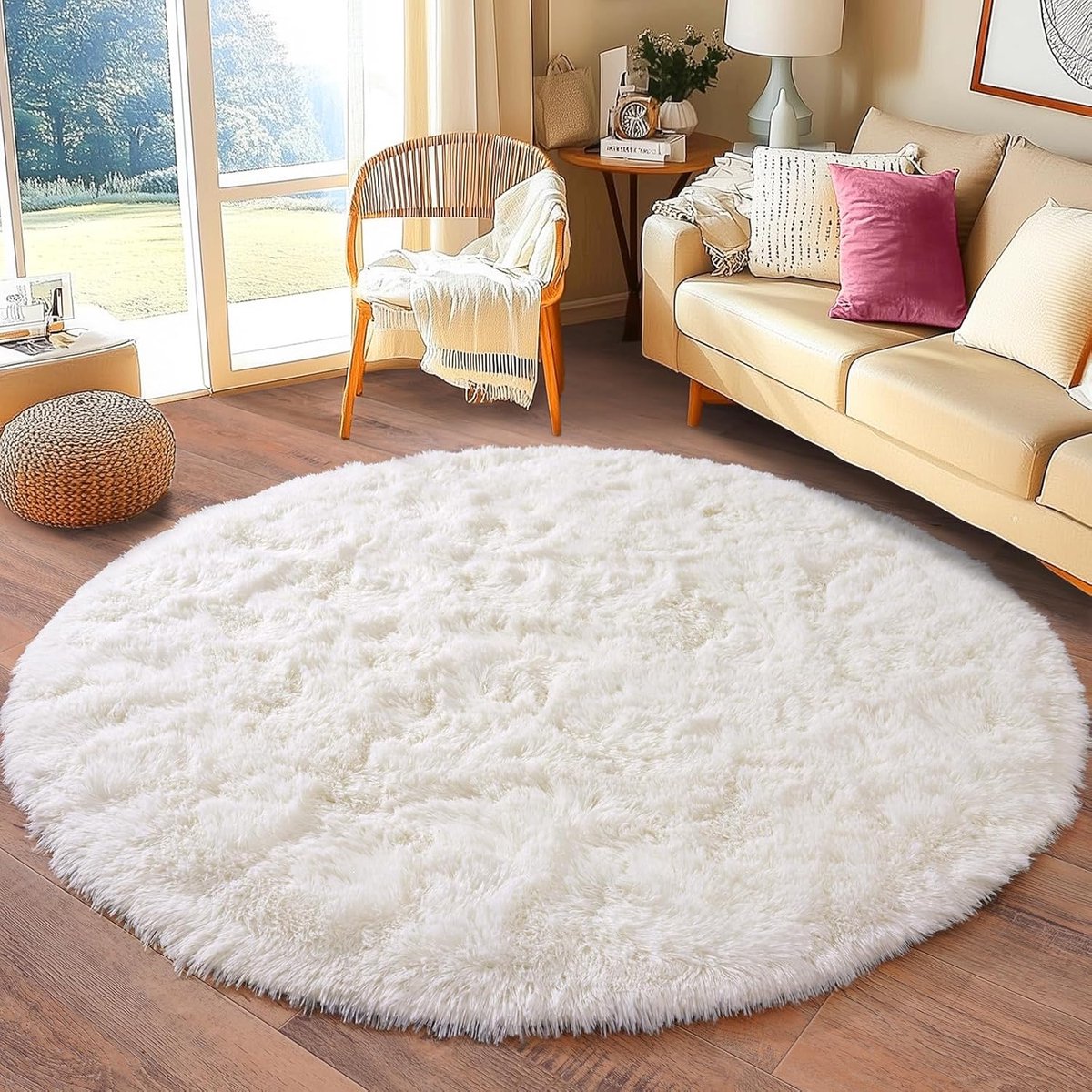 SnelShoppen - Hoogpolig Rond Vloerkleed 100 cm Crème - Modern Wollig Tapijt voor Woonkamer, Slaapkamer en Kinderkamer met Antislip