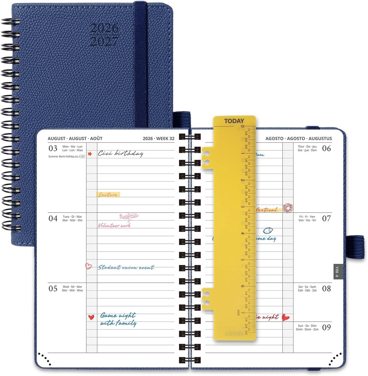 SnelShoppen - Pocket Agenda 2026 2027 Weekplanner A6 16x10,5 cm, 17 Maanden, Zachte Spiral Binding, Marineblauw, 80 GSM Papier, Ideaal voor Werk en St