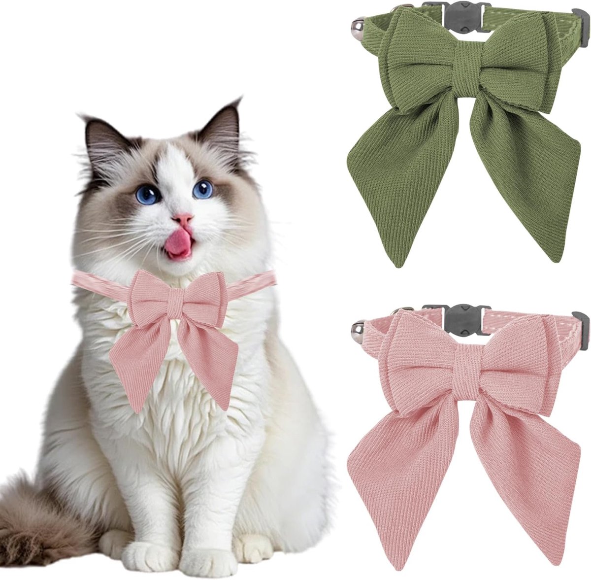 SnelShoppen - 2 stuks Kattenhalsband met Vlinderdas en Bel, Verstelbare Fluwelen Halsbanden voor Kittens en Puppy's, Groen en Roze, 20-30 cm, Perfect